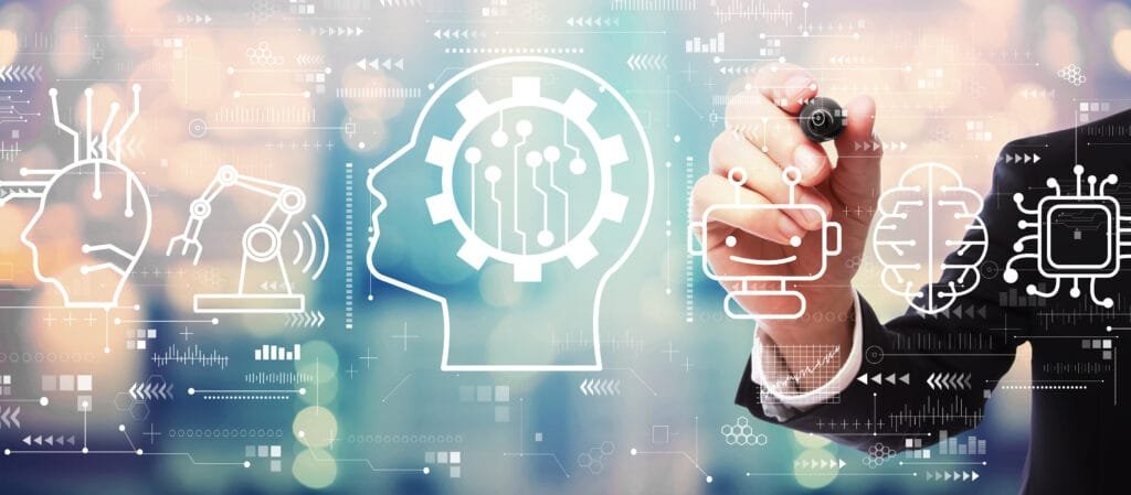 Concept de technologie future avec un homme d'affaires sur un fond abstrait flou